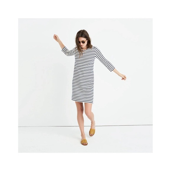 Madewell Striped Knit Dress NWT Blue Cream 3/4 Sleeve Size Medium - Picture 1 of 9